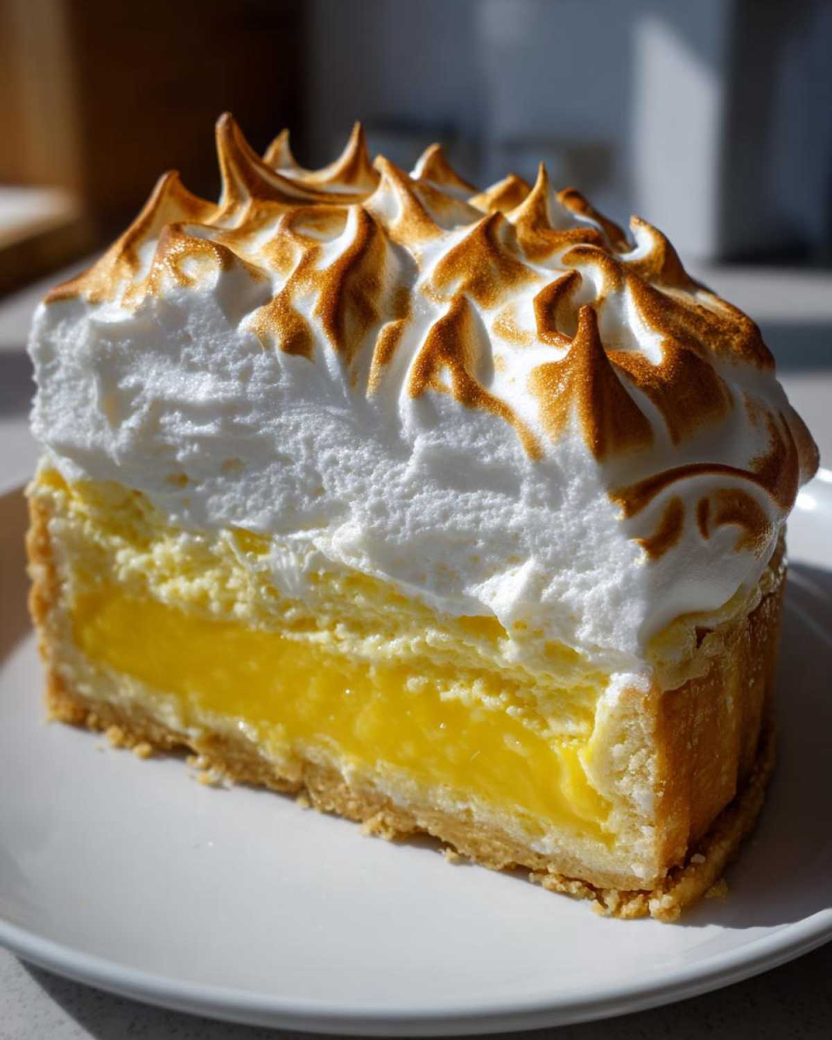 Close-up of a thick slice of lemon meringue pie showing bright yellow filling and peaks of torched meringue.
