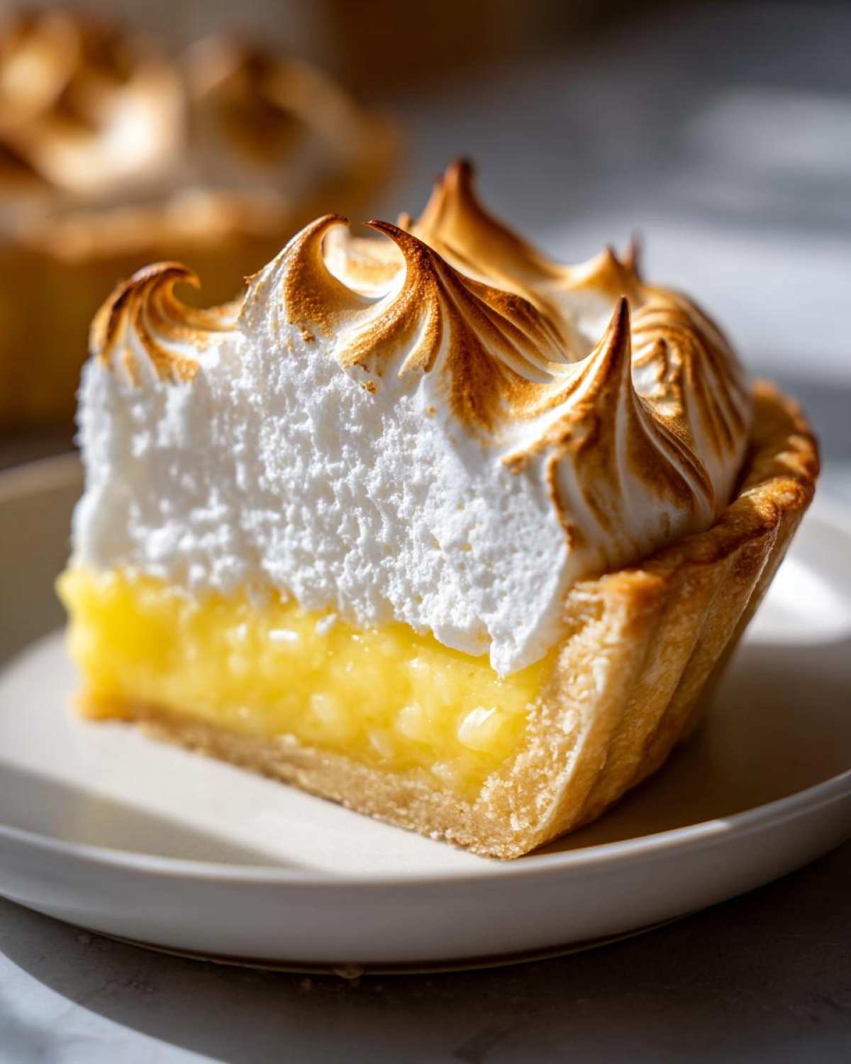 A perfect slice of lemon meringue pie showing the bright yellow curd, flaky crust, and tall, torched meringue peaks.