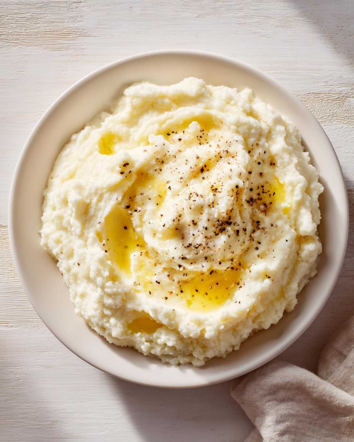 Overhead view of creamy mashed potatoes topped with melted butter and freshly ground black pepper in a white bowl.
