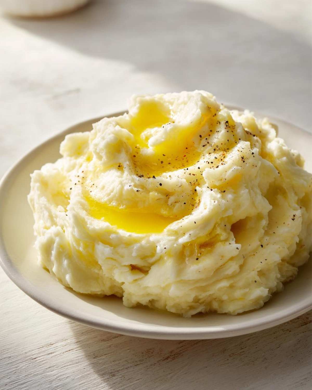 A generous serving of fluffy mashed potatoes topped with melted butter and cracked black pepper.