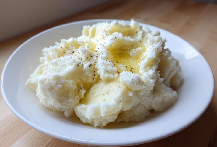 A close-up of fluffy, creamy mashed potatoes topped with melted butter and cracked black pepper.