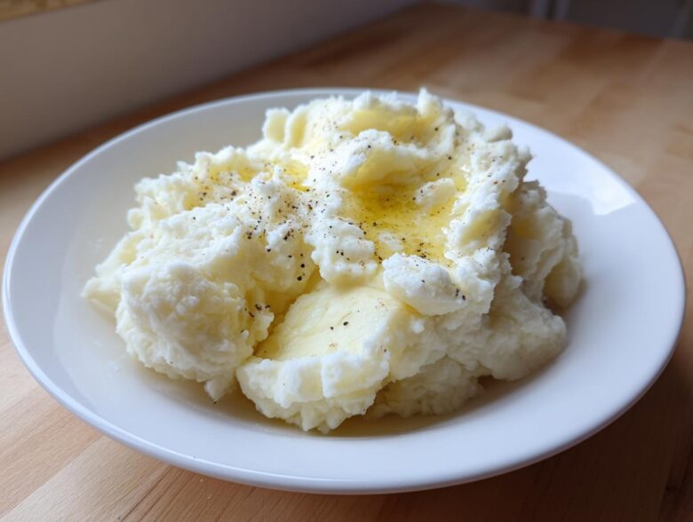 A close-up of fluffy, creamy mashed potatoes topped with melted butter and cracked black pepper.