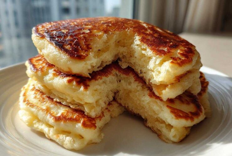 Close-up of a stack of incredibly fluffy pancakes, showing the airy interior texture, with a bite taken out.