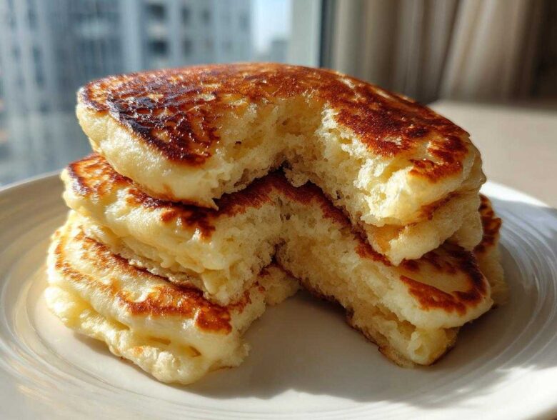 Close-up of a stack of incredibly fluffy pancakes, showing the airy interior texture, with a bite taken out.