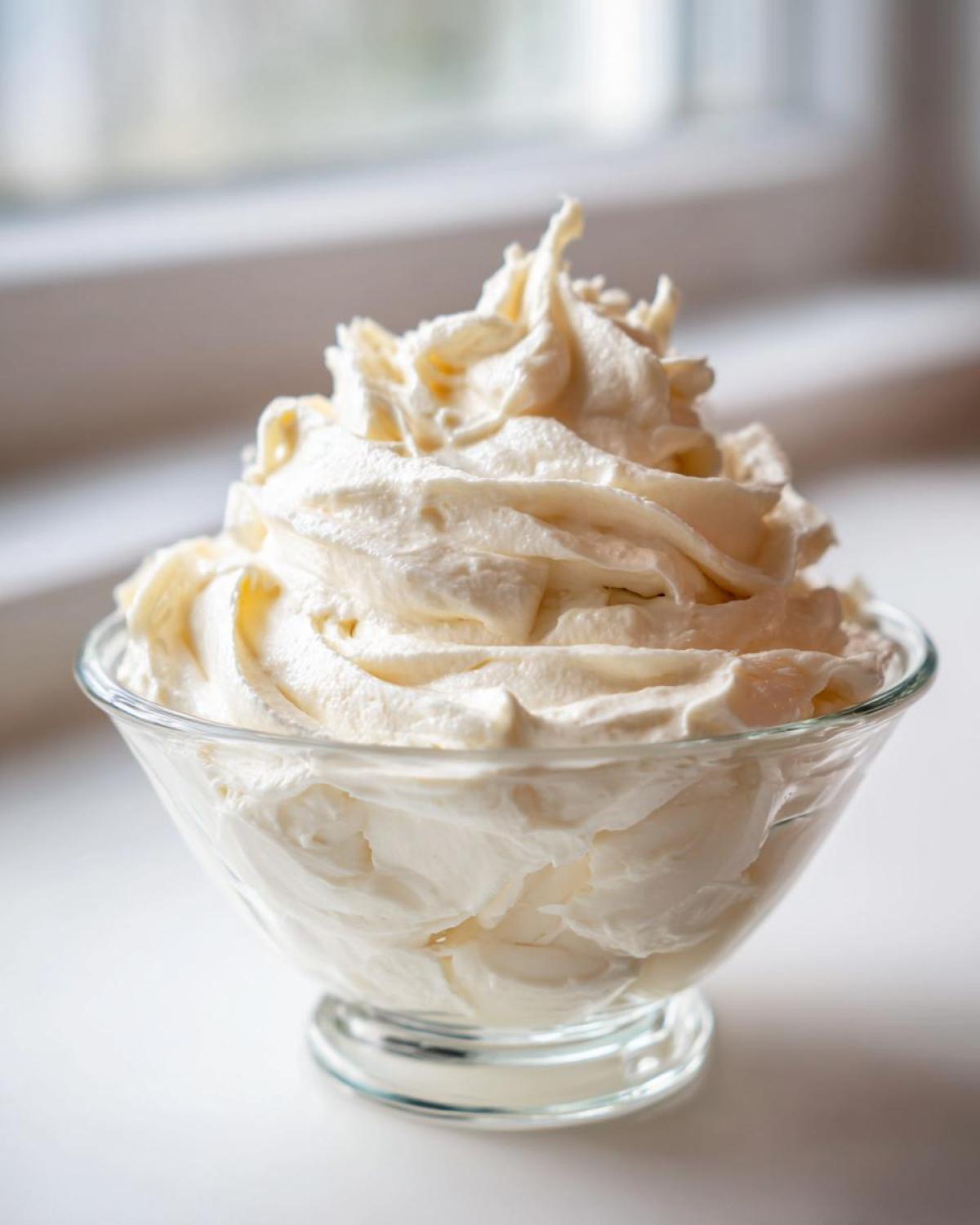 A clear glass bowl filled with light, fluffy vanilla buttercream frosting, swirled high.
