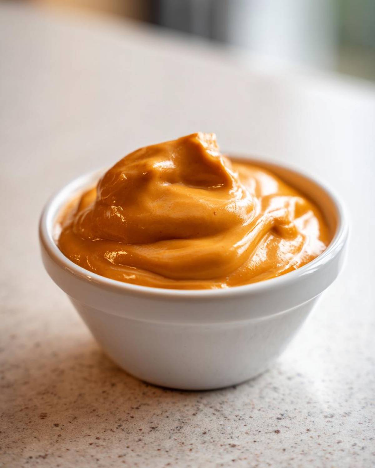 Close-up of thick, orange nacho cheese sauce swirled high in a small white dipping bowl.