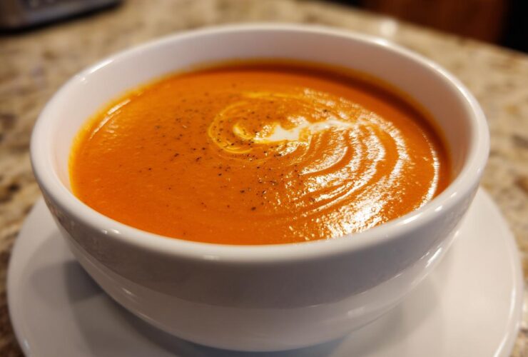 Close-up of a bowl of rich, orange tomato bisque, garnished with a swirl of cream and black pepper.