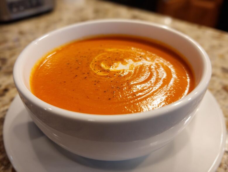 Close-up of a bowl of rich, orange tomato bisque, garnished with a swirl of cream and black pepper.