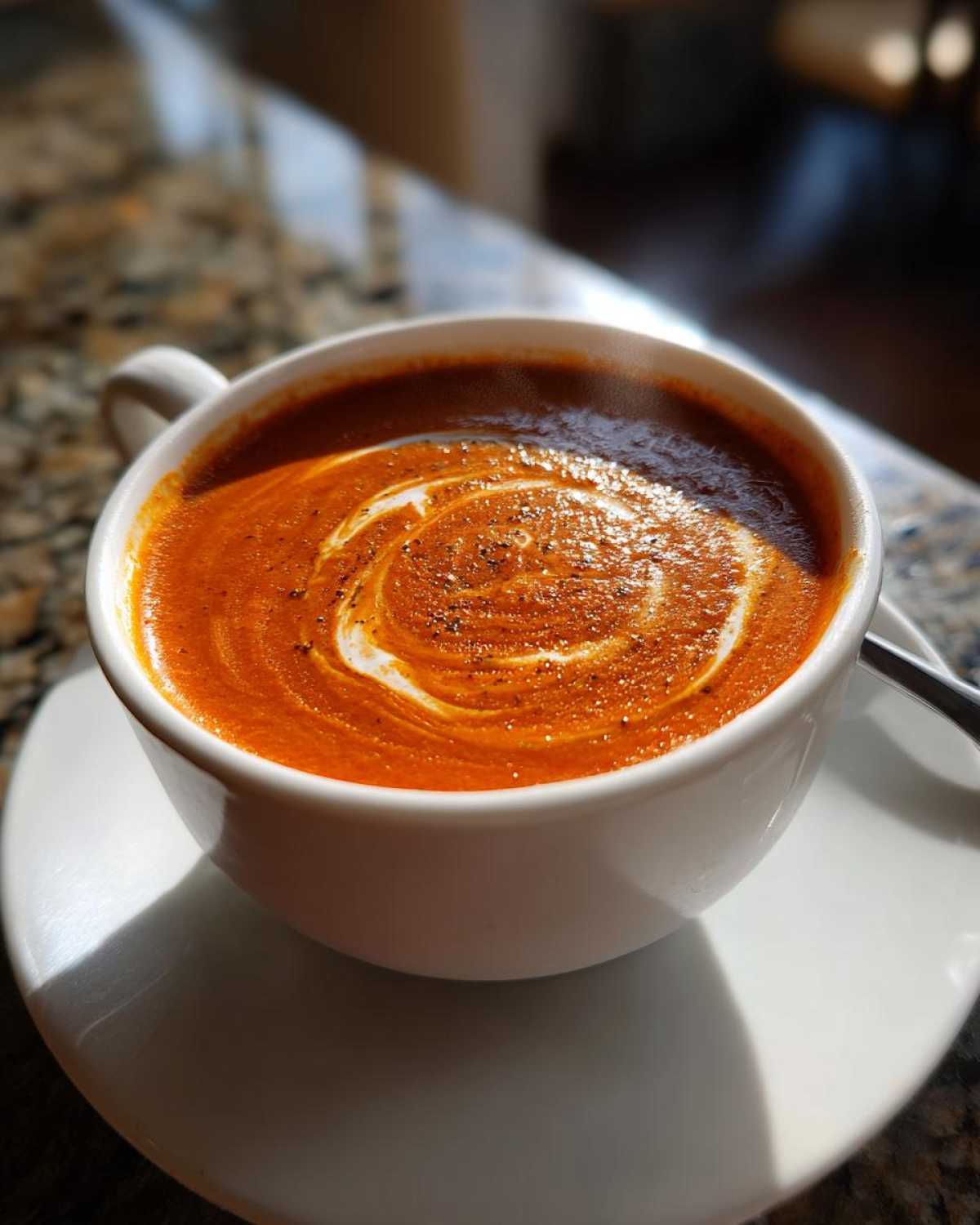 Close-up of steaming tomato bisque topped with a cream swirl and cracked pepper.