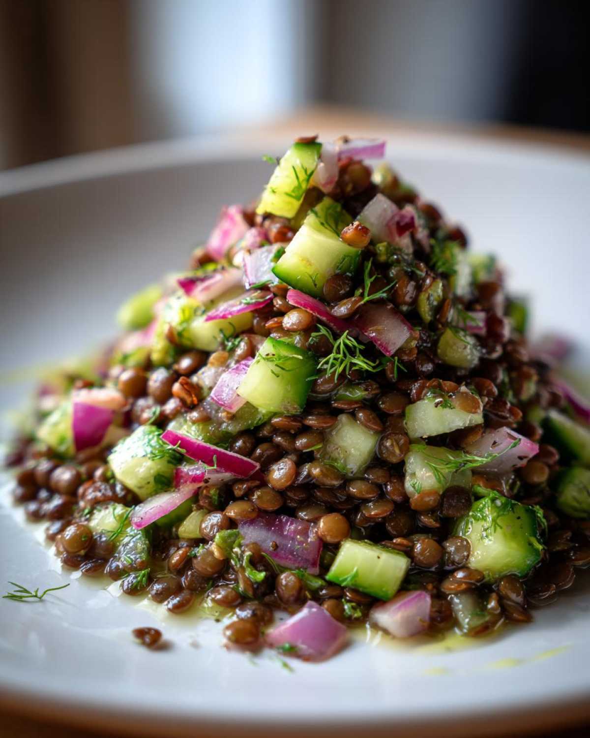 A mound of vibrant lentil salad featuring brown lentils, chopped cucumber, red onion, and dill on a white plate.