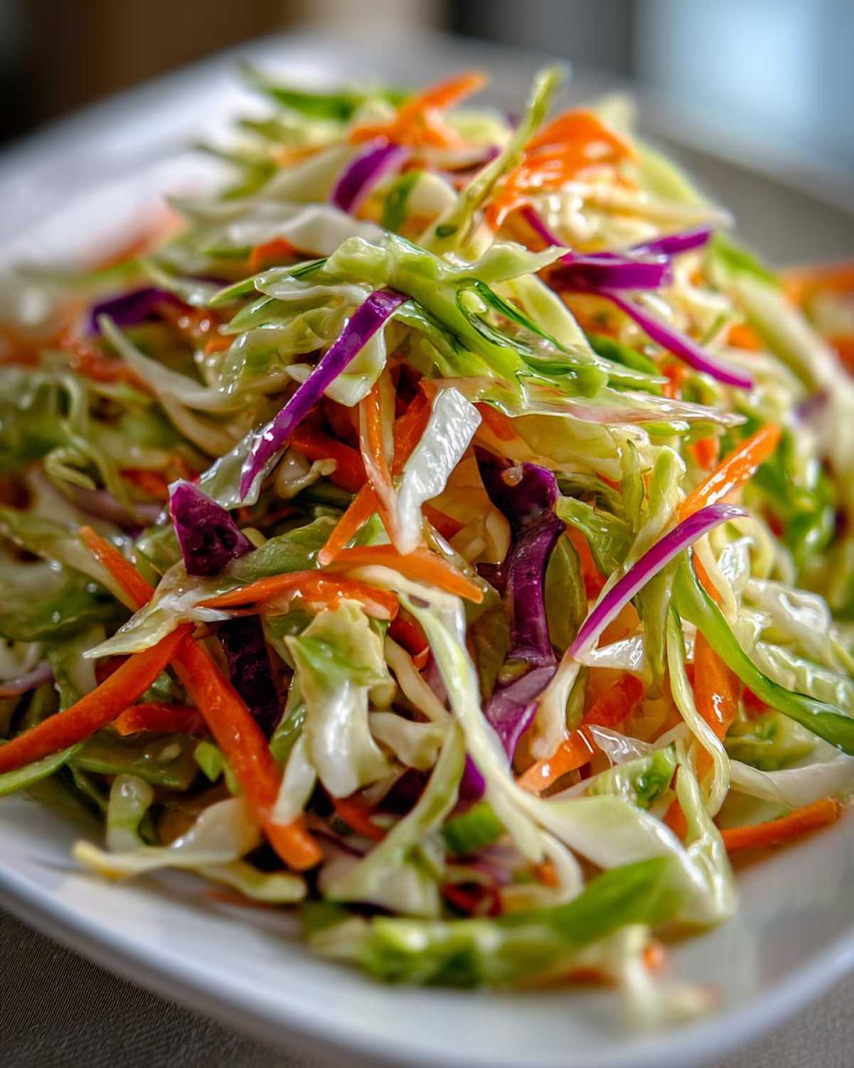 Close-up of a vibrant, freshly dressed cabbage salad featuring shredded green cabbage, purple cabbage, and carrots.