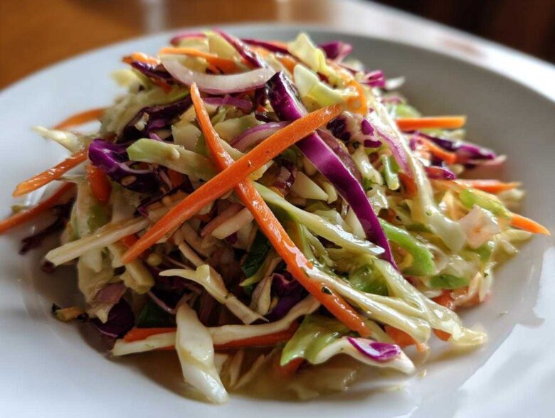 Close-up of a vibrant, freshly dressed cabbage salad featuring shredded green and red cabbage, julienned carrots, and red onion slices.