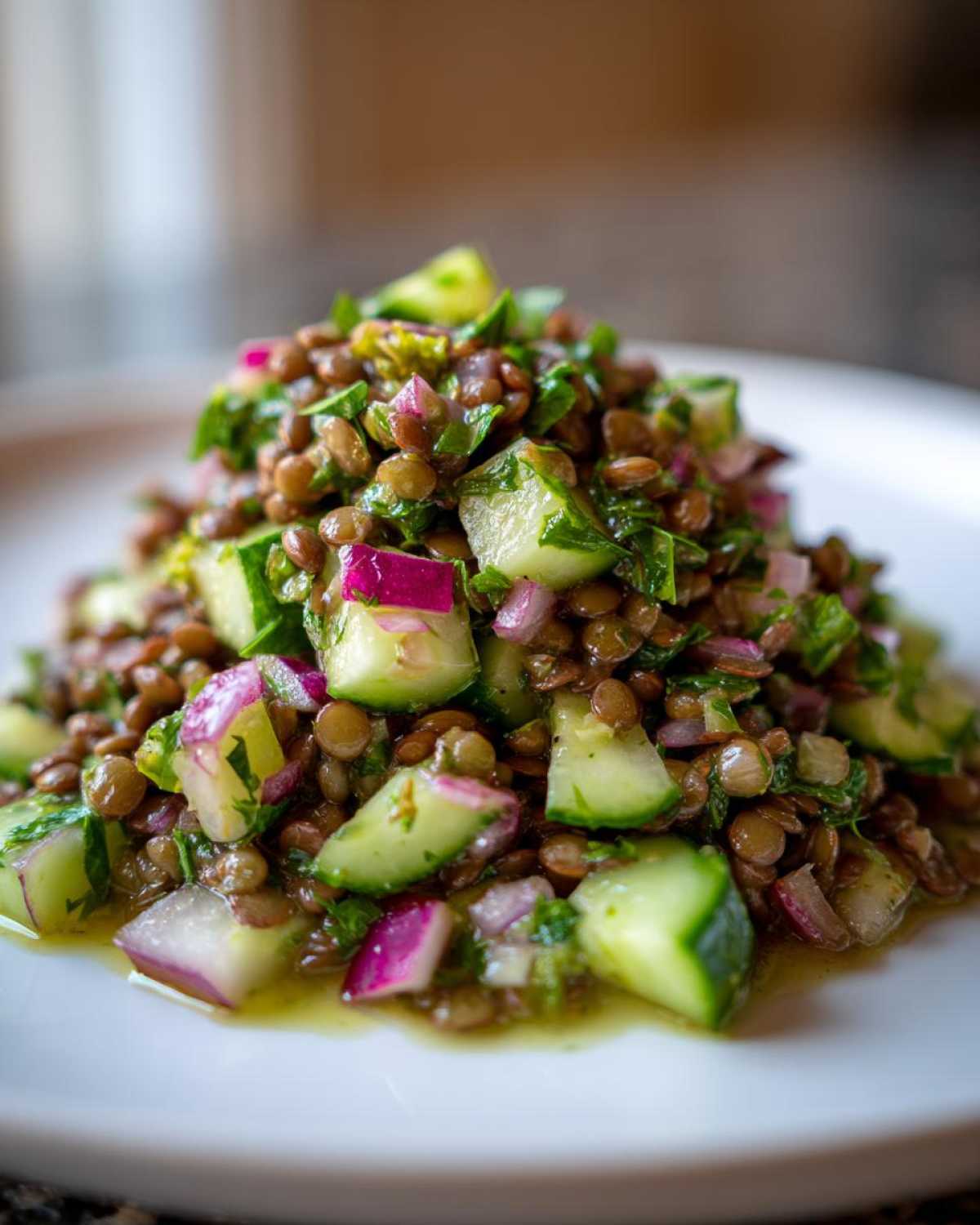A close-up, appetizing mound of fresh lentil salad mixed with chopped cucumber, red onion, and herbs.