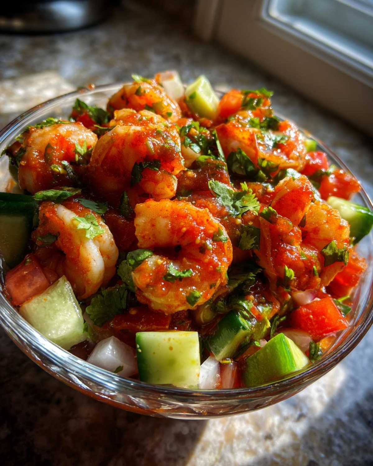 Close-up of a vibrant mexican shrimp cocktail featuring plump shrimp, cucumber, tomato, and cilantro in a glass bowl.