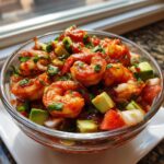 Close-up of a vibrant mexican shrimp cocktail featuring plump shrimp, avocado chunks, tomato, and onion in a rich red sauce.