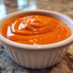 Close-up of vibrant orange nacho cheese sauce swirled smoothly inside a small white ceramic ramekin.