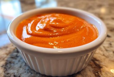 Close-up of vibrant orange nacho cheese sauce swirled smoothly inside a small white ceramic ramekin.