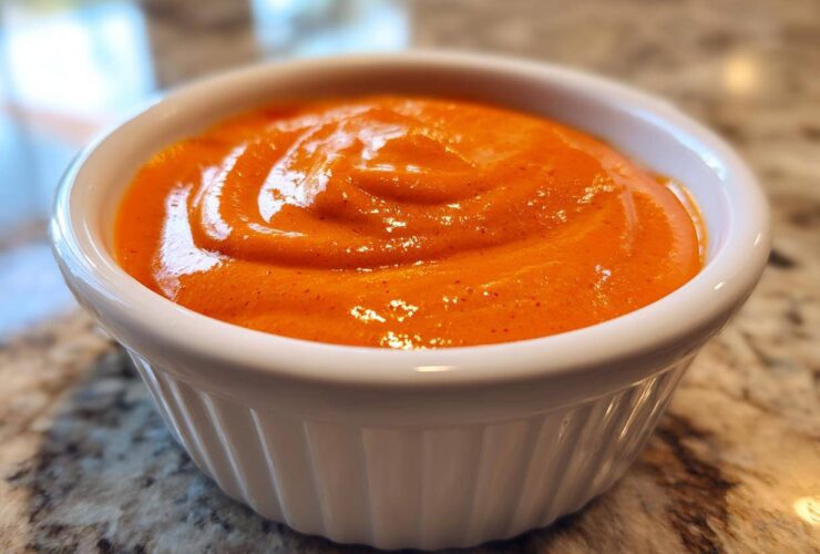 Close-up of vibrant orange nacho cheese sauce swirled smoothly inside a small white ceramic ramekin.