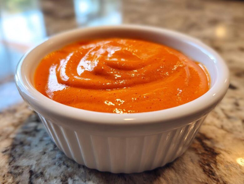 Close-up of vibrant orange nacho cheese sauce swirled smoothly inside a small white ceramic ramekin.