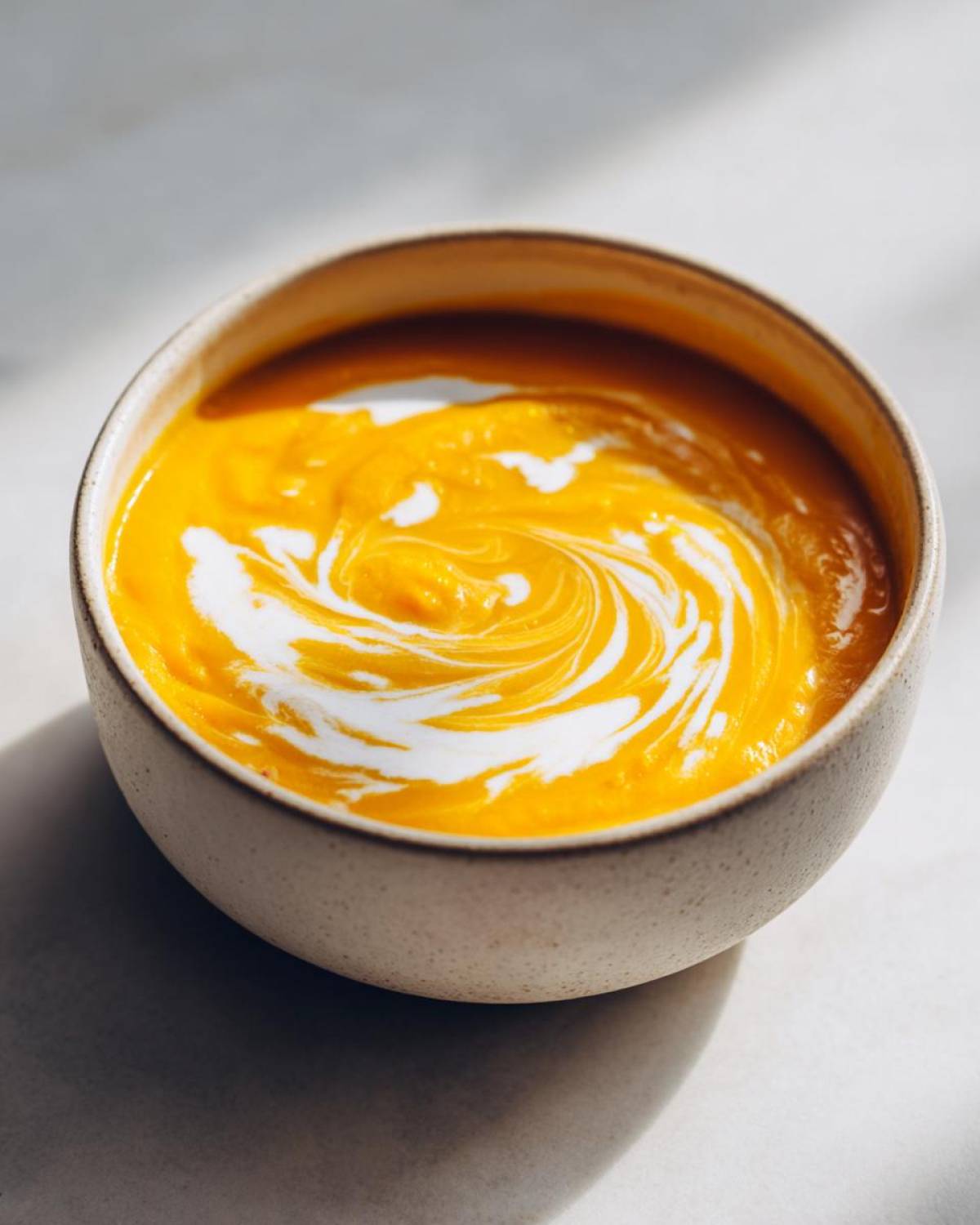 Close-up of vibrant orange squash soup topped with a swirl of white cream in a speckled bowl.