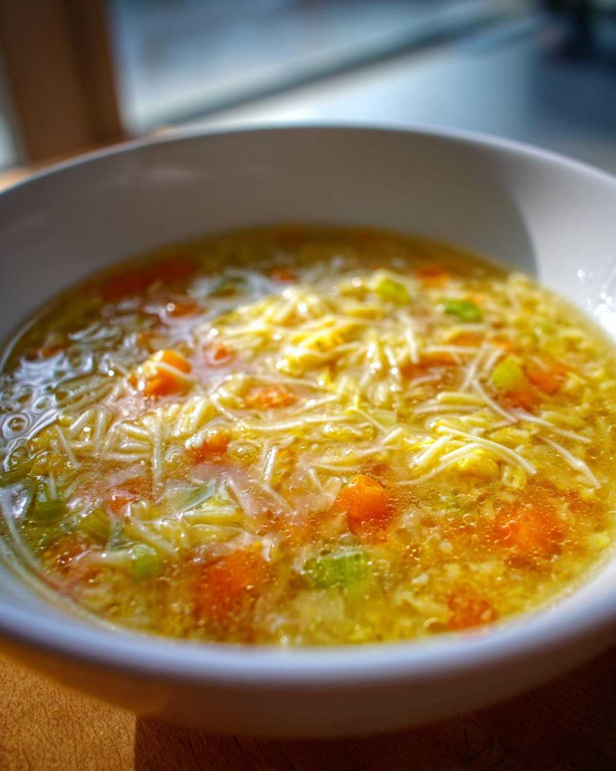 Close-up of a warm bowl of pastina soup featuring thin noodles, diced carrots, and celery in a rich broth.