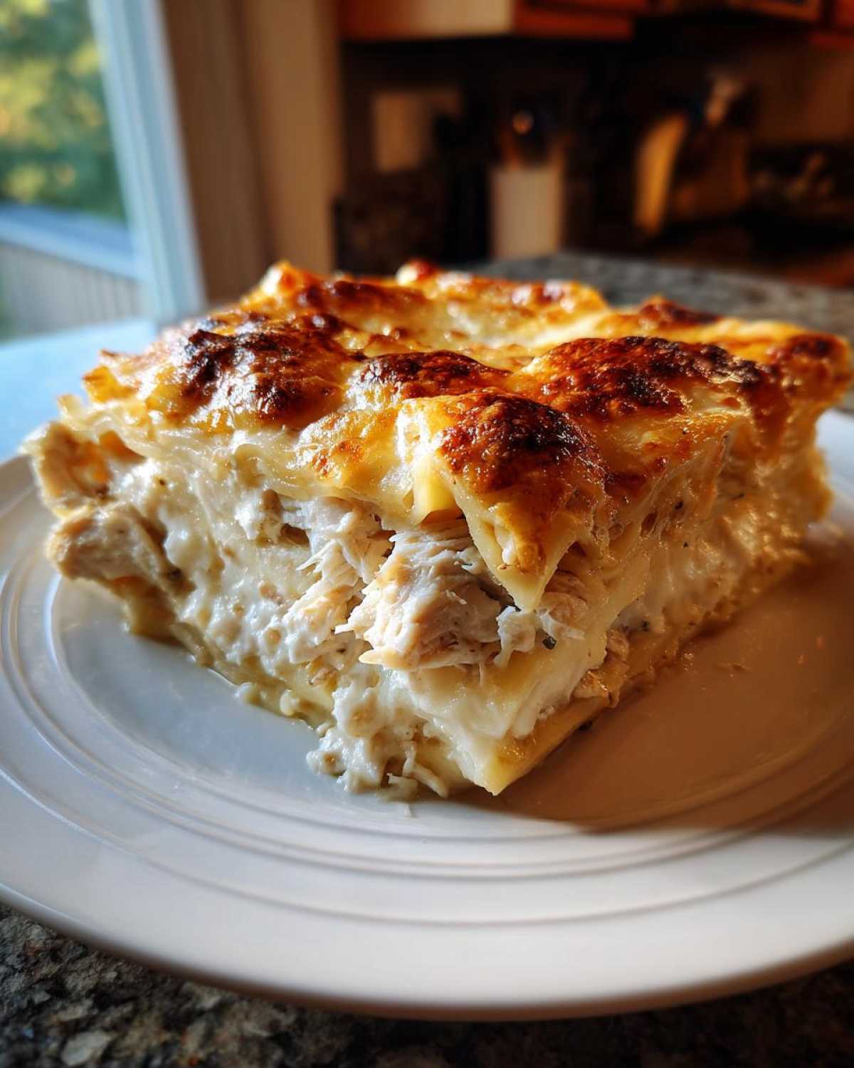 A thick, layered slice of white sauce chicken lasagna with a bubbly, browned cheese top, served on a white plate.
