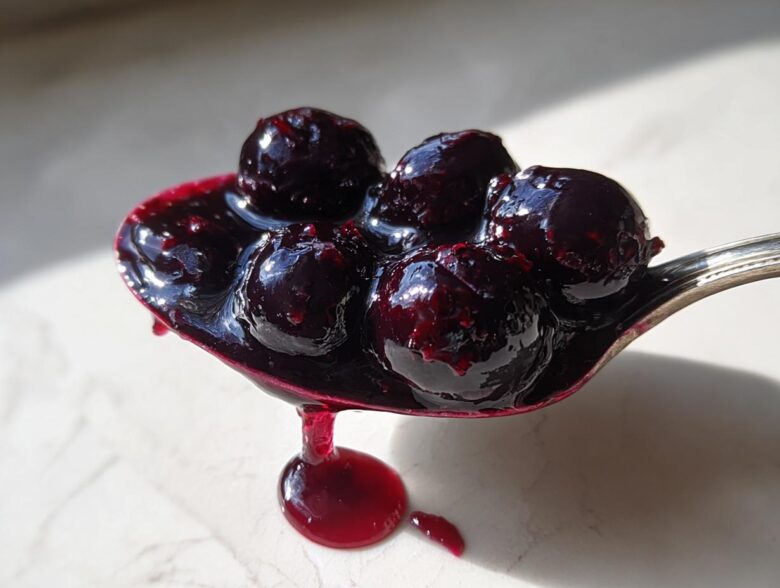 A silver spoon holds a dollop of thick, glossy blueberry jam with several whole blueberries visible, dripping onto a light surface. This is the amazing blueberry jam.