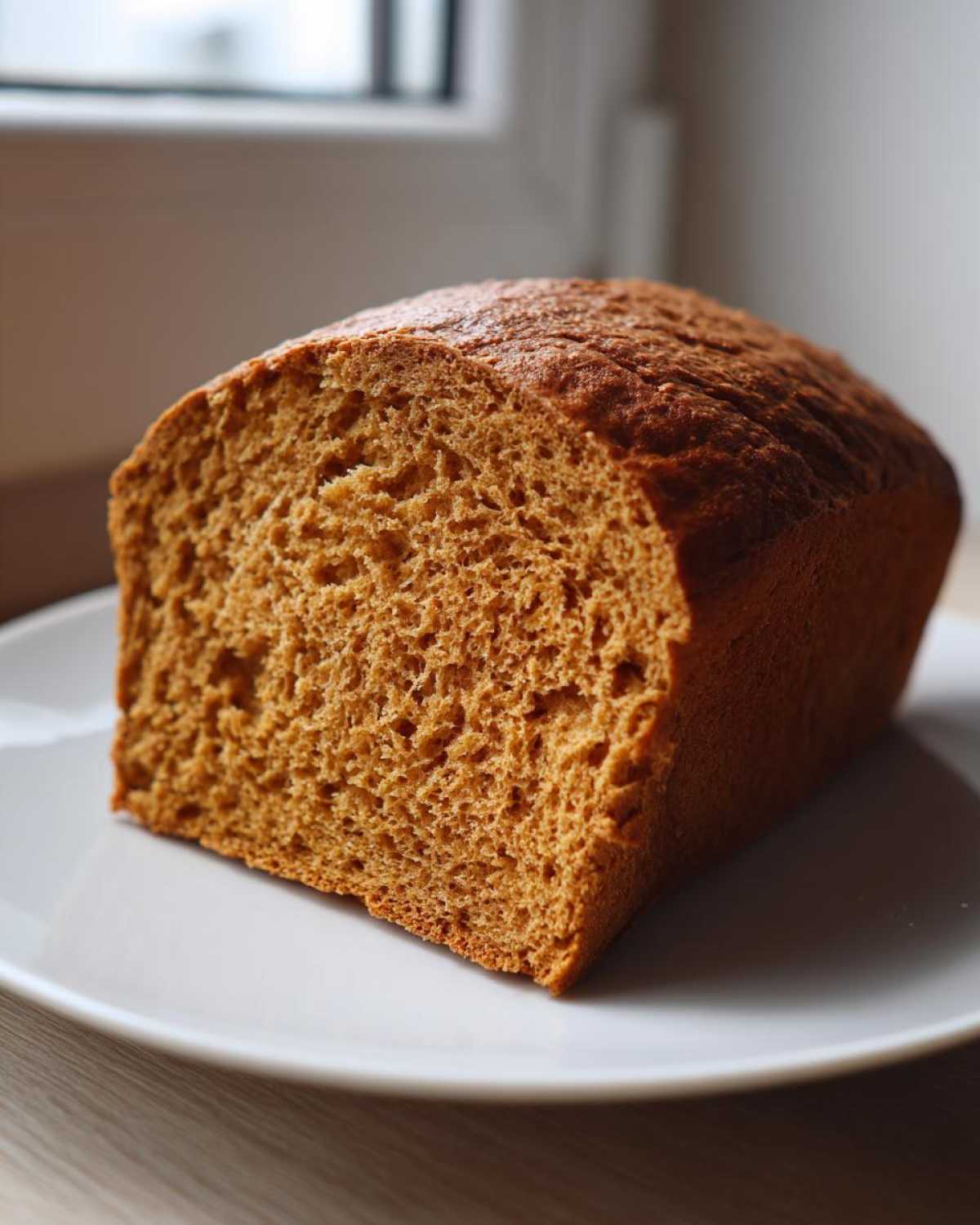 A close-up of a freshly baked whole wheat bread loaf, showing its dense, brown crumb texture on a white plate.
