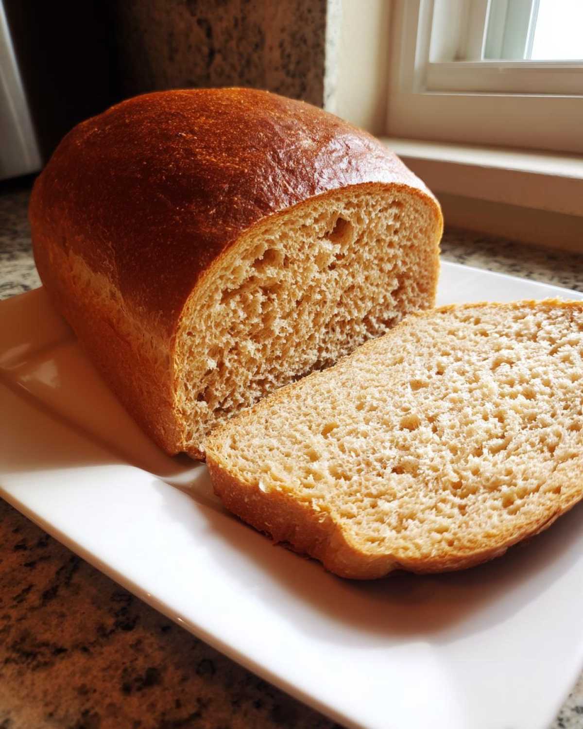 A freshly baked loaf of whole wheat bread, partially sliced, resting on a white rectangular plate.