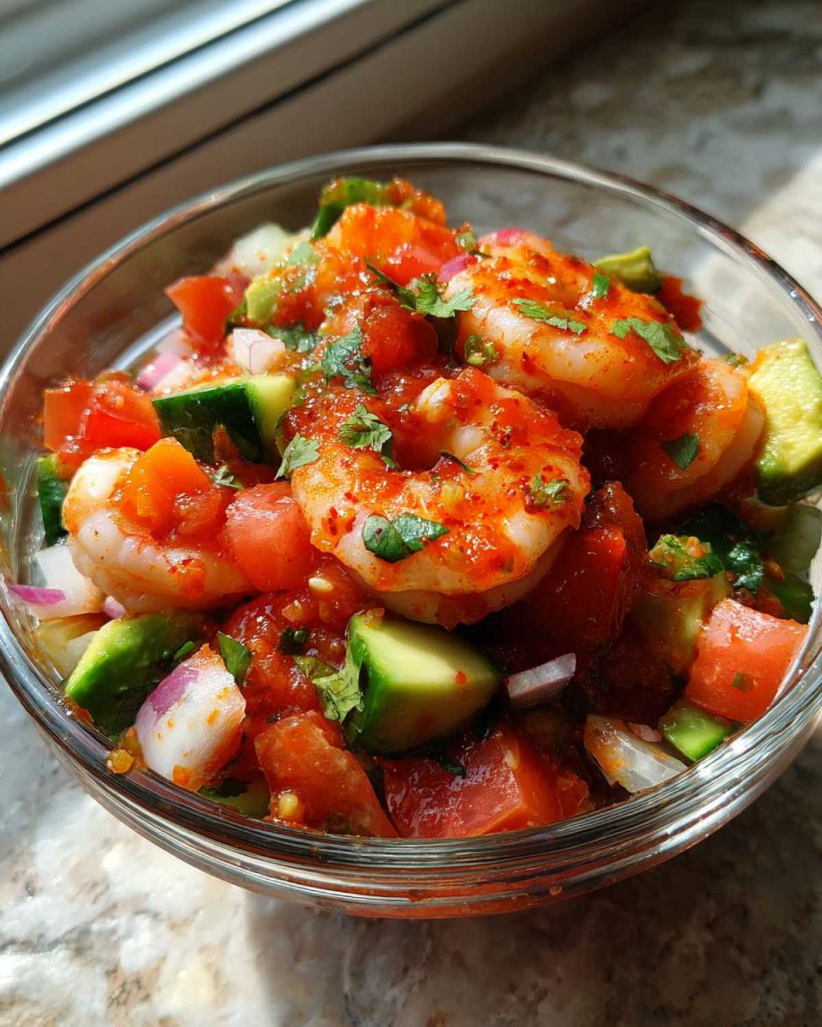 Close-up of vibrant mexican shrimp cocktail featuring large shrimp, diced tomatoes, avocado, and red onion in a glass bowl.