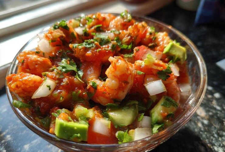Close-up of a glass bowl filled with vibrant mexican shrimp cocktail, featuring shrimp, avocado, onion, and cilantro.