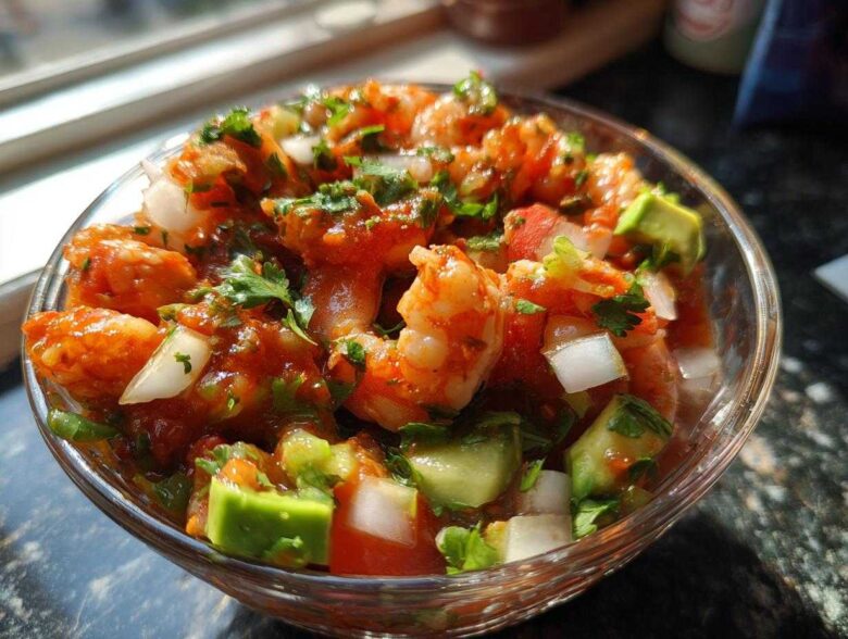 Close-up of a glass bowl filled with vibrant mexican shrimp cocktail, featuring shrimp, avocado, onion, and cilantro.