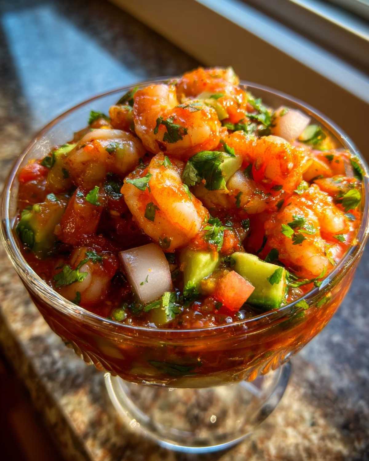 Close-up of a glass filled with vibrant mexican shrimp cocktail, featuring plump shrimp, avocado, and onion in a tomato-based sauce.