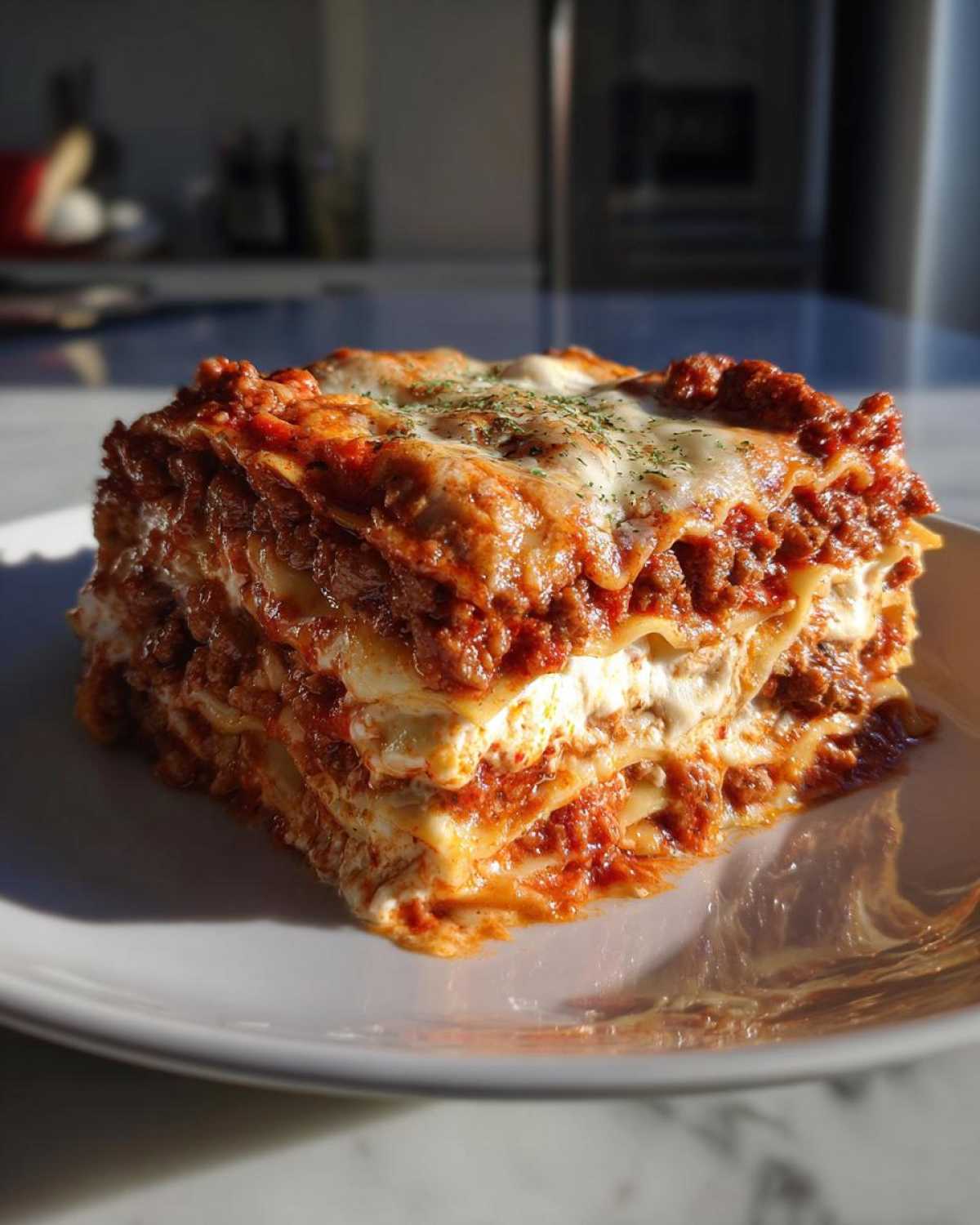 A thick, multi-layered slice of rich meat and cheese Lasagna sits on a white plate, backlit by sunlight.