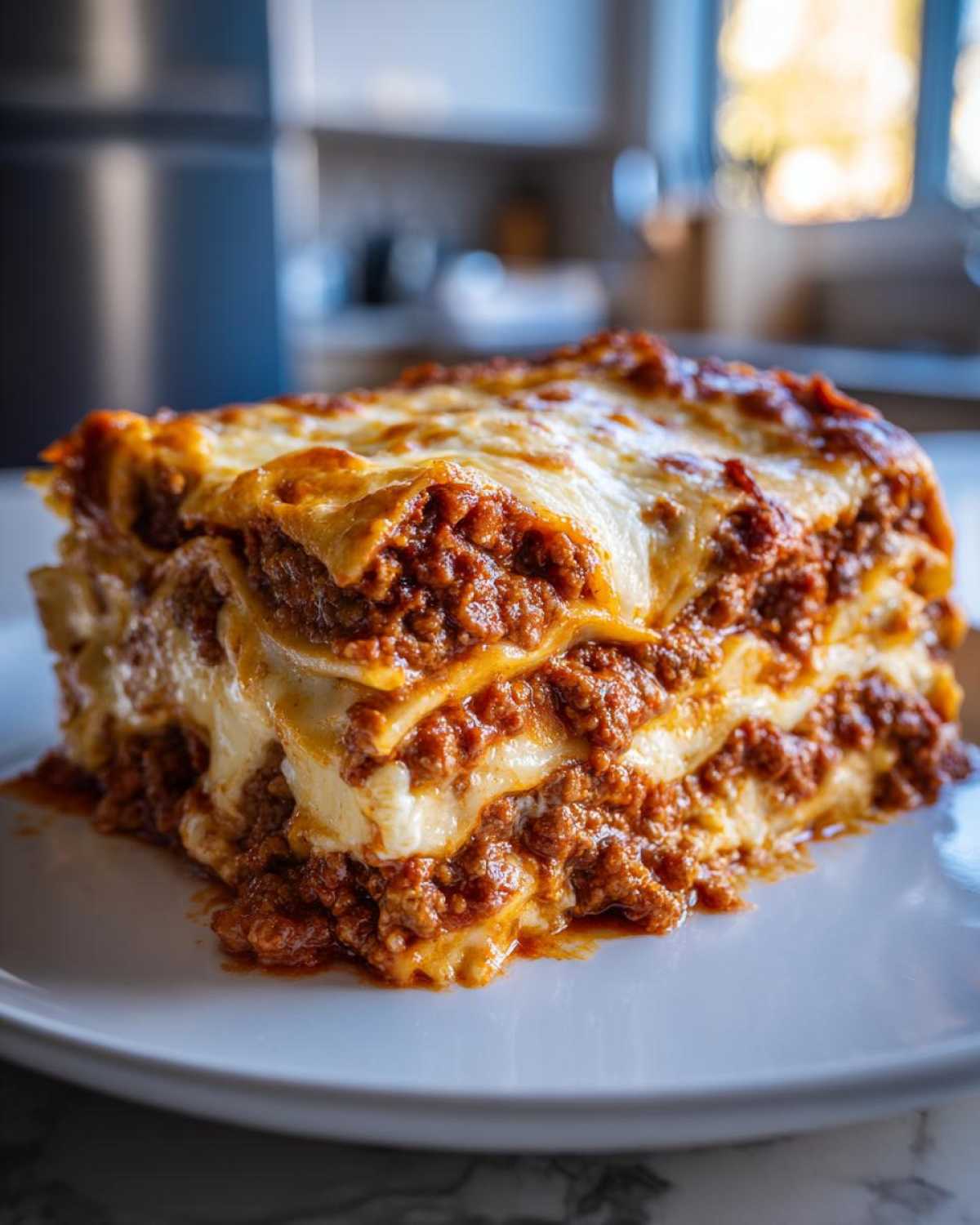 A thick, cheesy slice of homemade Lasagna with rich meat sauce layers, served on a white plate.