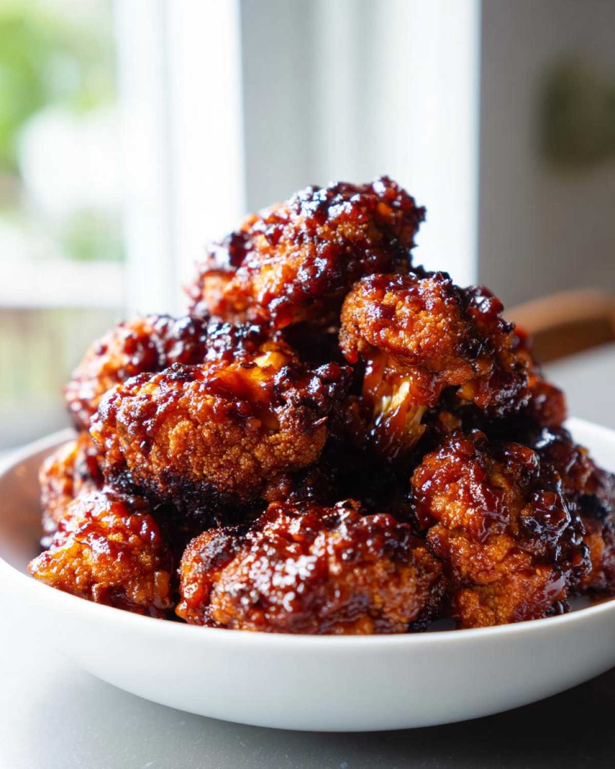 A close-up of a white bowl piled high with sticky, glazed Air Fryer Crispy BBQ Cauliflower Bites.