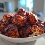 A close-up of a white bowl piled high with glossy, dark BBQ coated Air Fryer Crispy BBQ Cauliflower Bites.