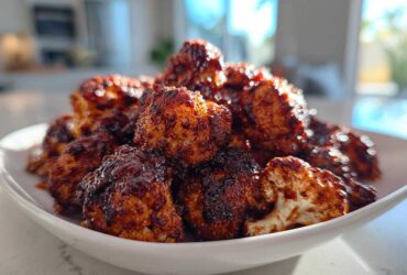 A close-up of a white bowl piled high with glossy, dark BBQ coated Air Fryer Crispy BBQ Cauliflower Bites.