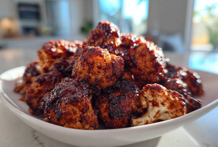 A close-up of a white bowl piled high with glossy, dark BBQ coated Air Fryer Crispy BBQ Cauliflower Bites.