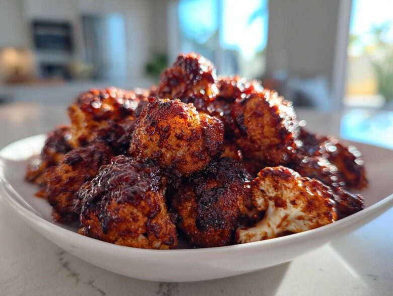 A close-up of a white bowl piled high with glossy, dark BBQ coated Air Fryer Crispy BBQ Cauliflower Bites.