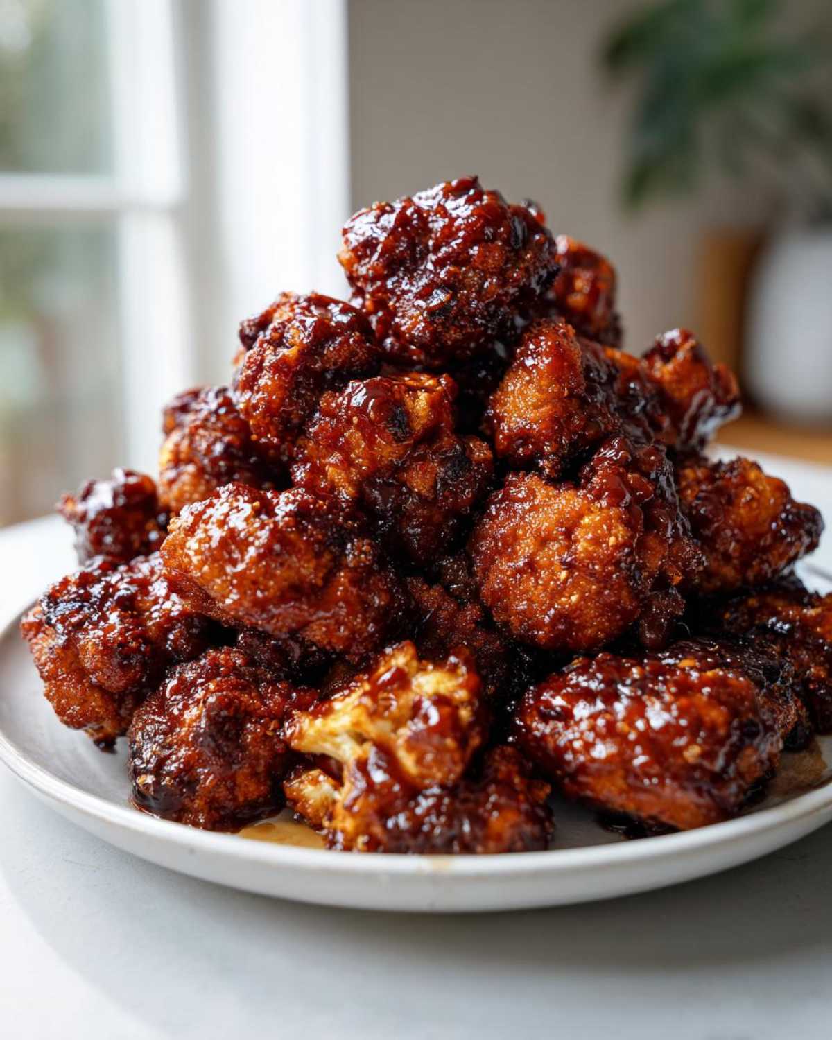 A mound of glossy, saucy Air Fryer Crispy BBQ Cauliflower Bites piled high on a white plate.