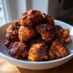 A white bowl piled high with golden brown Air Fryer Crispy BBQ Cauliflower Bites coated in a sticky, dark glaze.