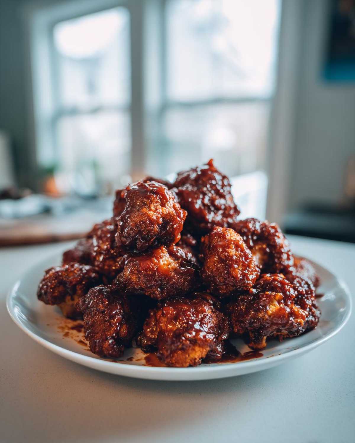 A mound of glossy, saucy Air Fryer Crispy BBQ Cauliflower Bites piled high on a white plate.