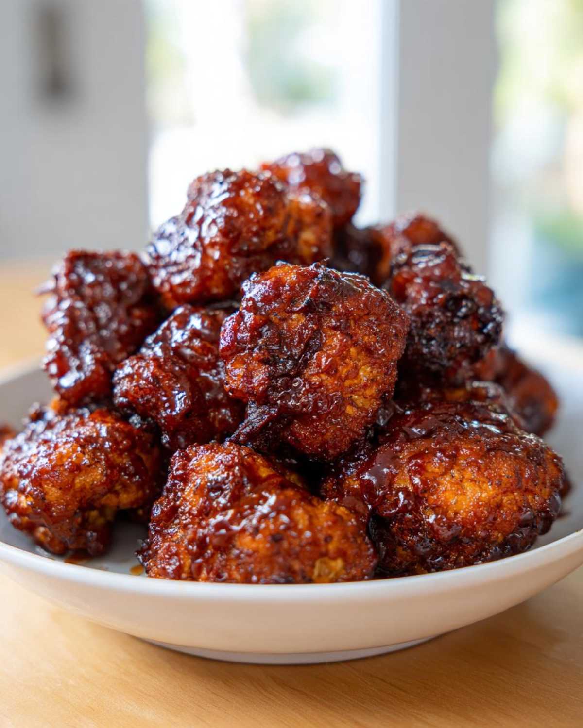 A close-up of a white bowl piled high with glistening Air Fryer Crispy BBQ Cauliflower Bites.