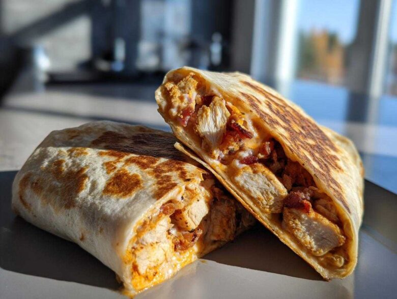 Two halves of an Air Fryer Crispy Chicken Bacon Ranch Wrap, showing chunks of chicken, bacon, and ranch filling inside a toasted tortilla.