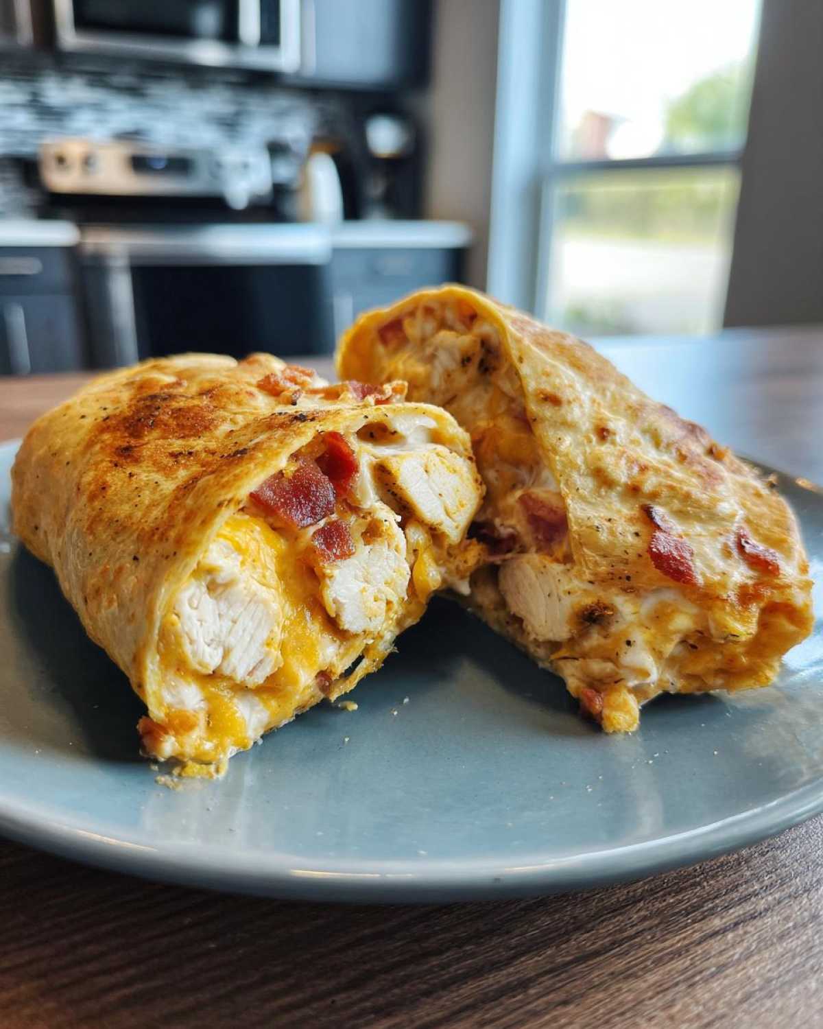 Cross-section of two Air Fryer Crispy Chicken Bacon Ranch Wraps showing chicken, cheese, and bacon filling.