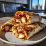 Two halves of Air Fryer Crispy Chicken Bacon Ranch Wraps stacked on a plate, showing crispy chicken, bacon, and cheese filling.