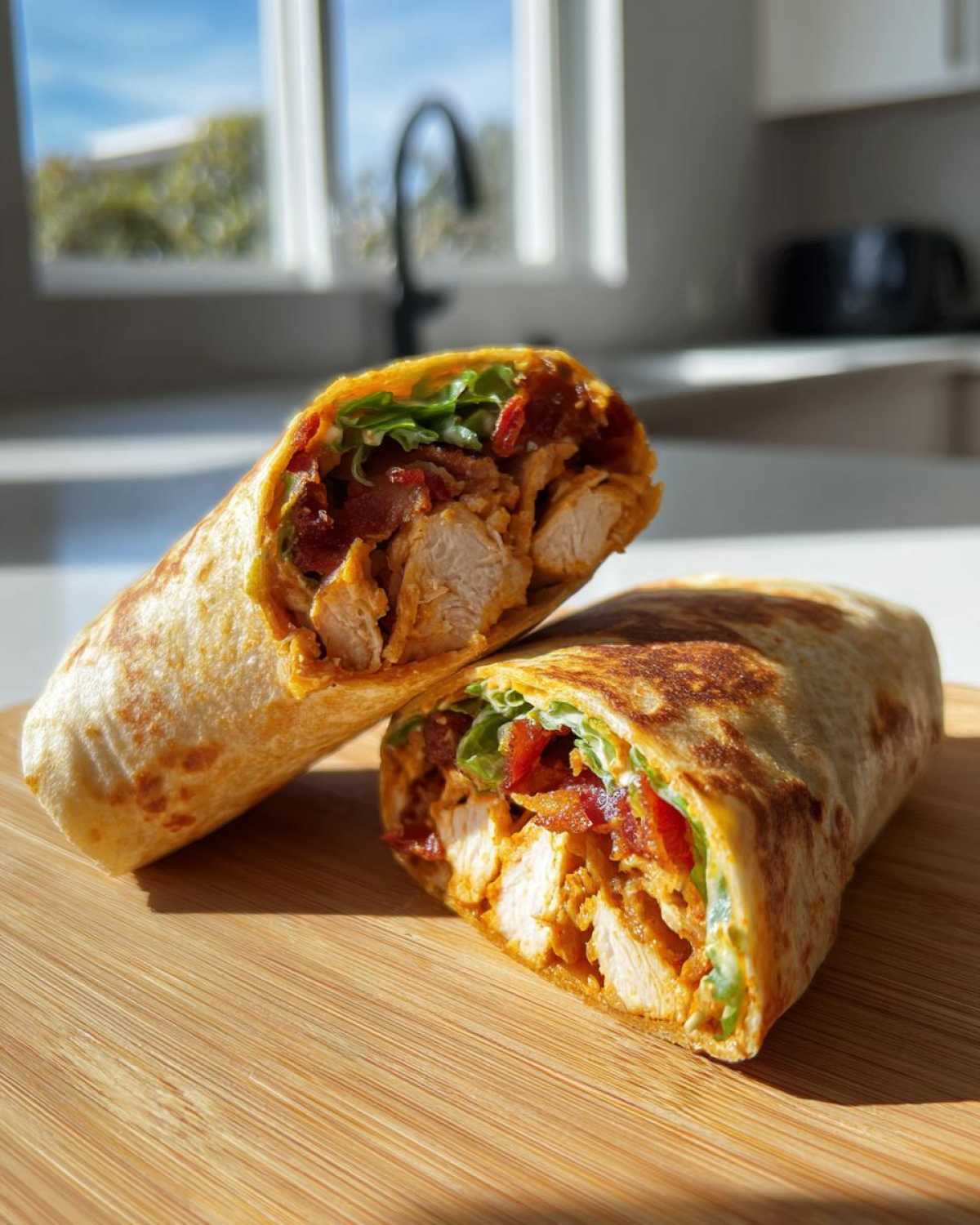 Cross-section view of two halves of an Air Fryer Crispy Chicken Bacon Ranch Wrap showing chicken, bacon, and lettuce.