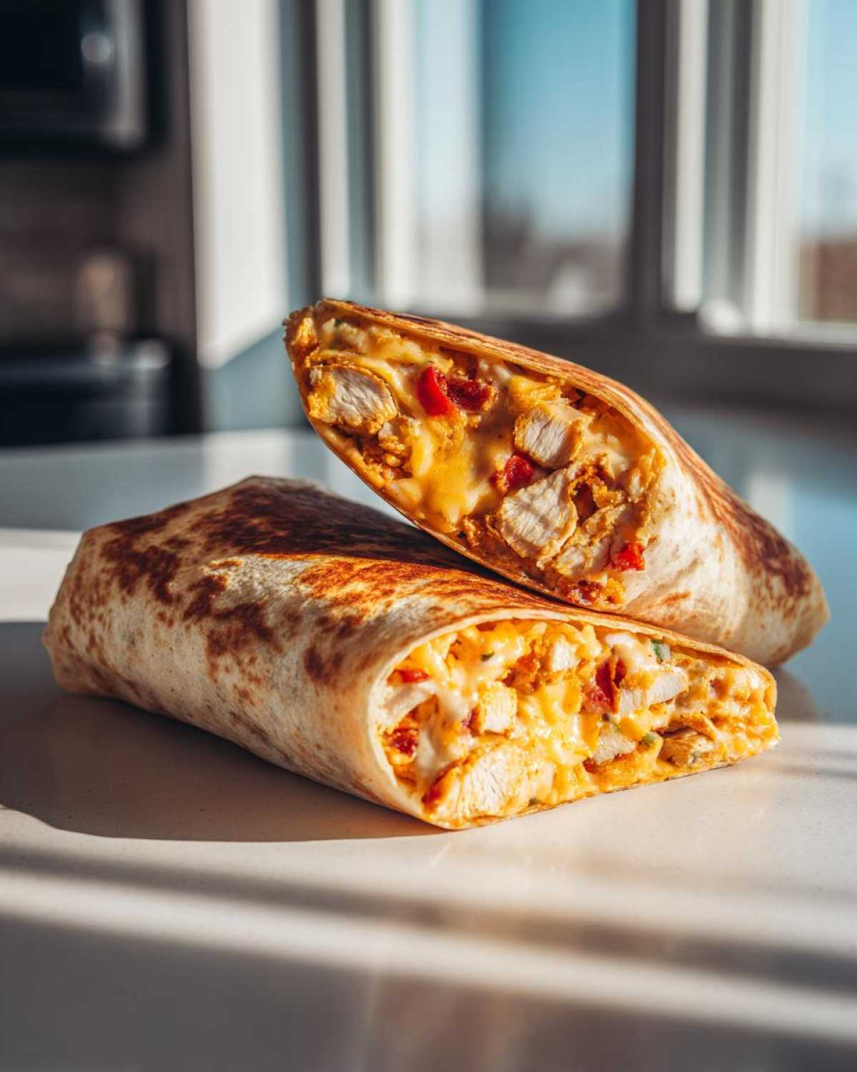 Two halves of an Air Fryer Crispy Chicken Bacon Ranch Wrap cut open, showing melted cheese, chicken chunks, and red peppers.