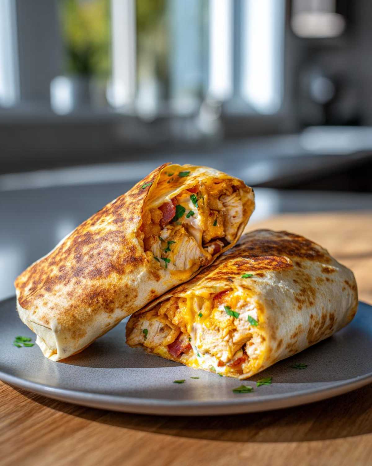 Two halves of an Air Fryer Crispy Chicken Bacon Ranch Wraps showing filling on a gray plate.